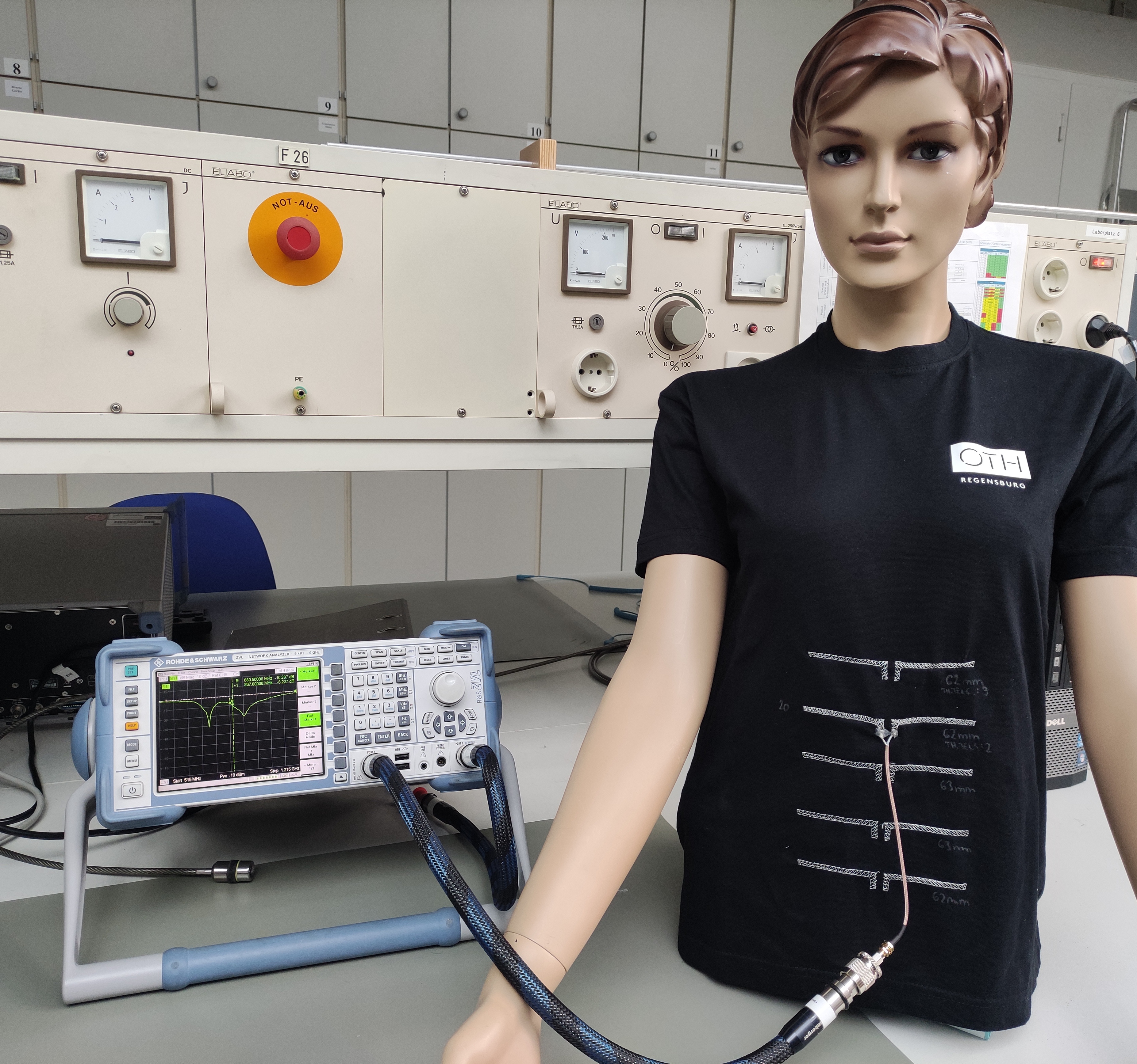 Dipole Antena - Testaufbau Demonstrator, Puppe mit Shirt, in Sensorelemente eingewebt sind