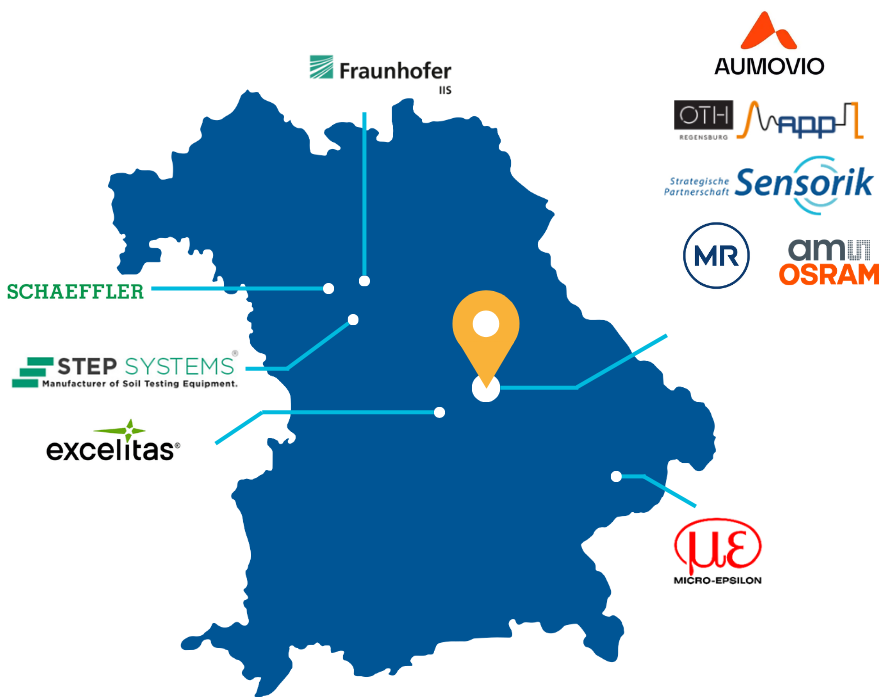 Bayernkarte mit Logos der bei der Sensorik Summer School 2026 mitwirkenden Firmen