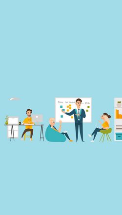 Menschen vor einem Scrum-Board arbeiten und reden miteinander
