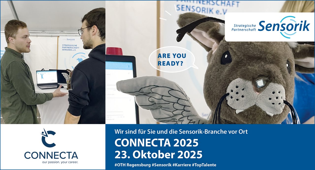 Banner Connecta Hochschulmesse, Menschen im Gespräch, Sensor-Kuscheltier namens "Wölpi"