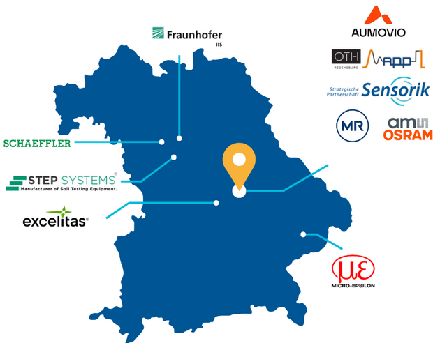 Bayernkarte mit Logos der bei der Sensorik Summer School 2026 mitwirkenden Firmen